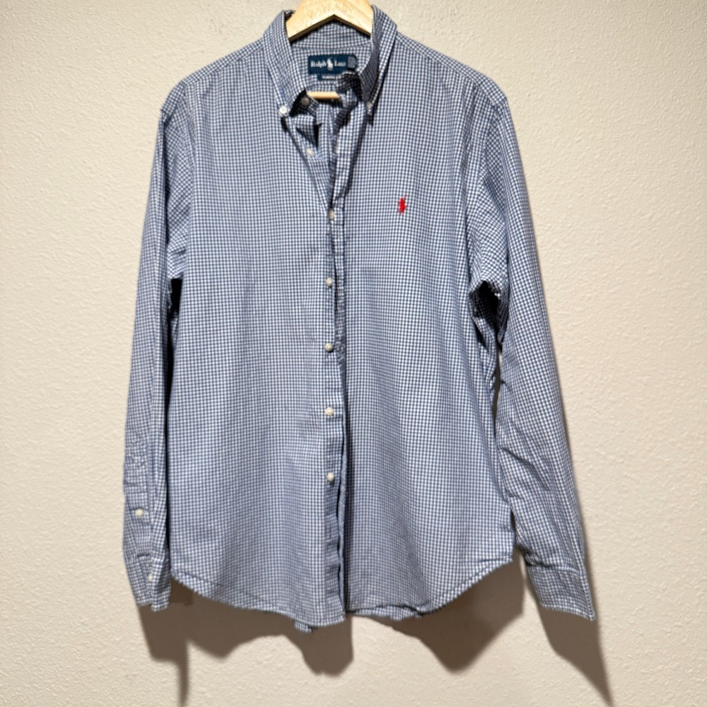 Polo Ralph Lauren Mens Blue Gingham Check Classic Fit Button Down Shirt Size L